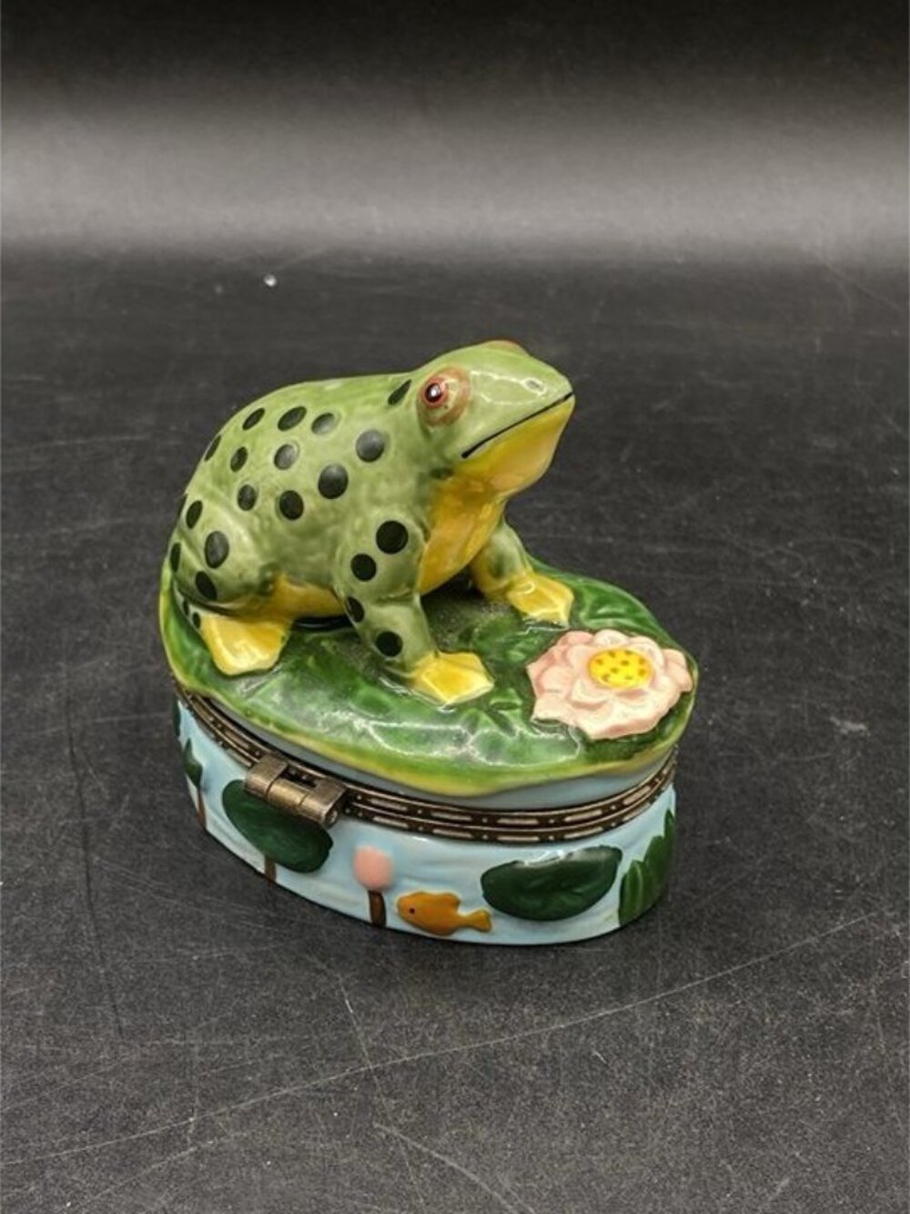 Frog Trinket Box Ceramic Spotted Frog on Lily Pad Oval Trinket Box